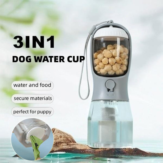 3-in-1 Dog Travel Water Bottle – Food + Waste Bag Dispenser