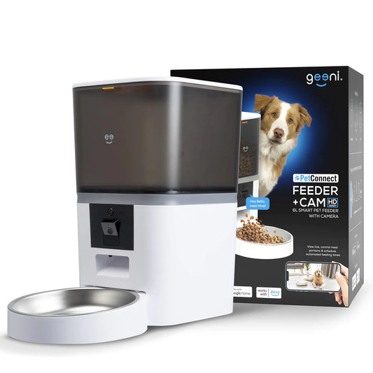 Geeni 6L Smart Pet Feeder with Camera 1080p HD Night Vision Two-Way Audio Pre-Recorded Messages WiFi Enabled Voice Control with Alexa & Google Home Automatic Cat & Dog Food Dispenser White
