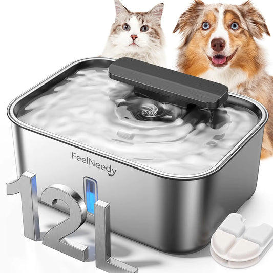 FEELNEEDY 3 Gal Stainless Steel Dog Water Fountain for Large Dog Pet Water Fountain Dog Water Bowl Dispenser with Water Level Window Super Quiet for S-L Dogs and Multi-Pet Easy to Clean(FN-W13)