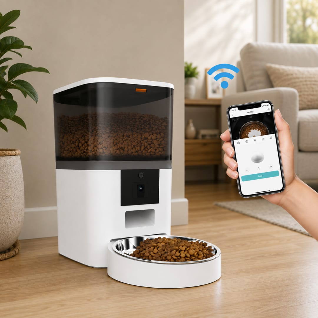 Comedero inteligente para mascotas con cámara HD y control por aplicación