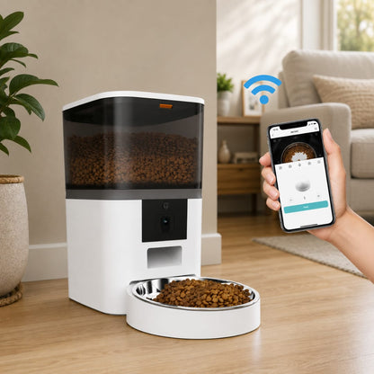 Comedero inteligente para mascotas con cámara HD y control por aplicación